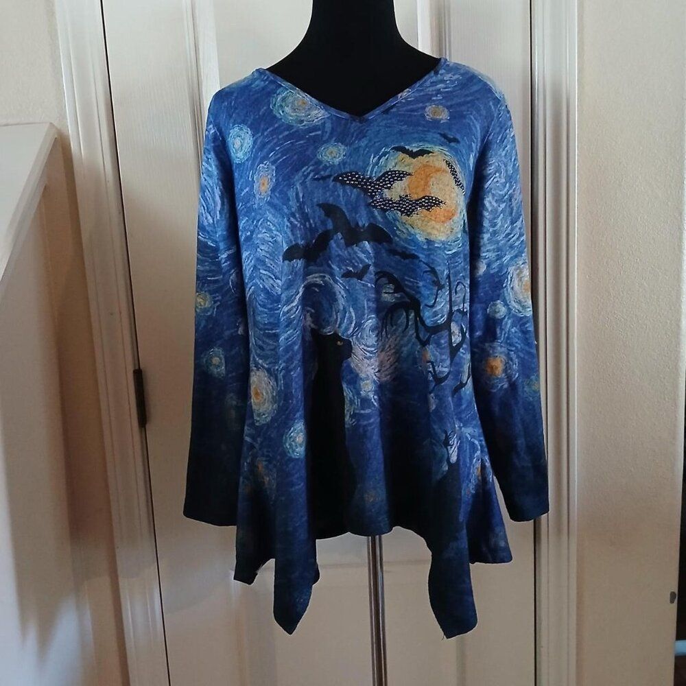 Van Gogh Starry Night Bat Bling Bat Long Sleeve Asymmetrical Hem Top M Cat Lady